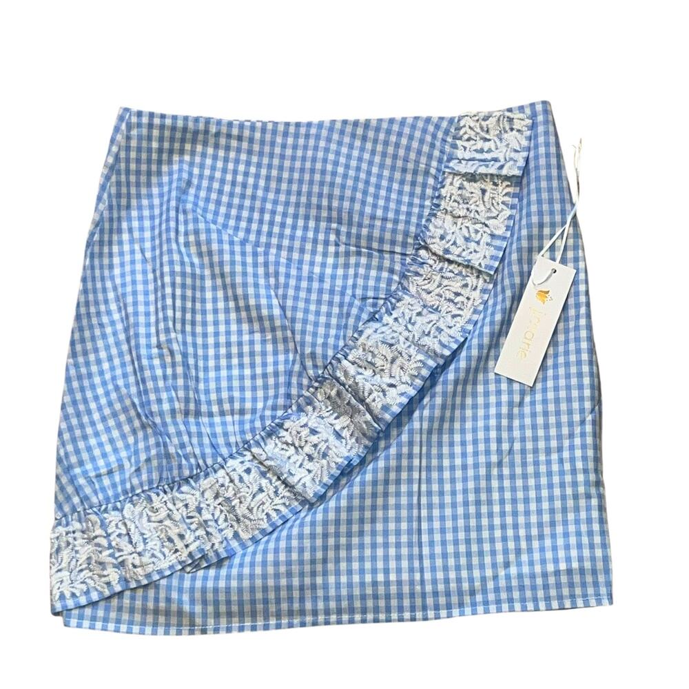 NWT J.Marie Lizzie Skirt Small Blue Gingham Check Cotton Faux Wrap Lace Lined S